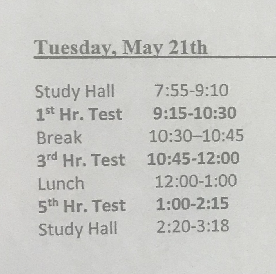 Tuesday Testing Schedule