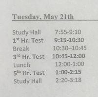 Tuesday Testing Schedule