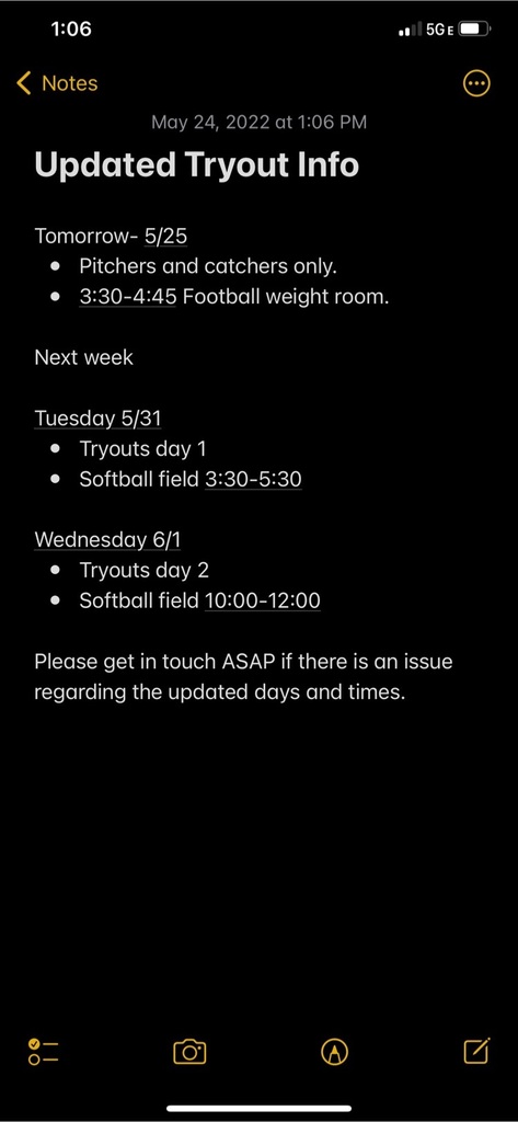 New Schedule for Softball tryouts