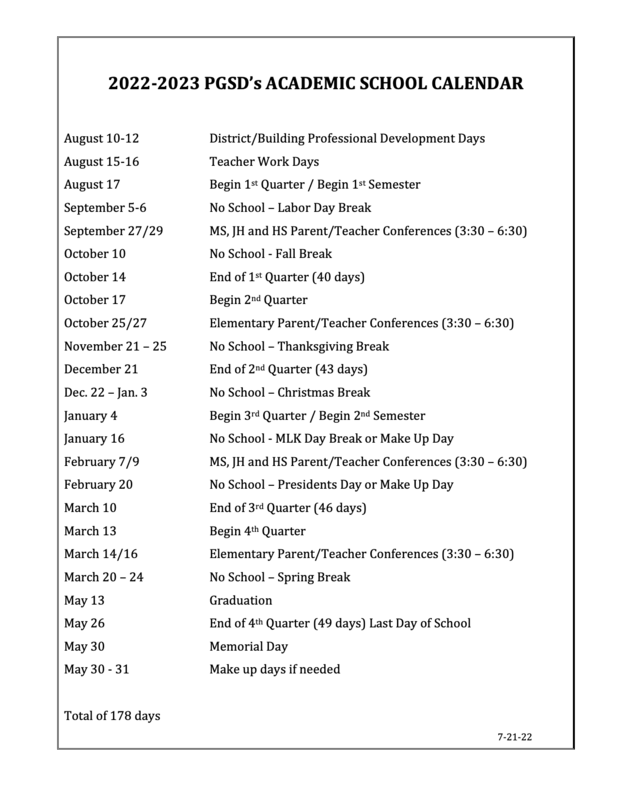 2022-2023 Academic Calendar | Prairie Grove School District
